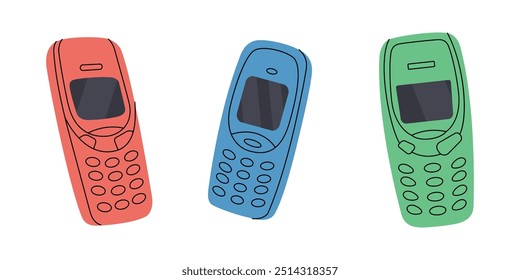 Conjunto de teléfonos móviles antiguos. Antiguos artilugios de comunicación. Ilustración vectorial.