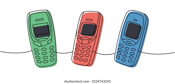 Los viejos teléfonos móviles establecen una línea de dibujo continuo coloreado. Antiguos artilugios de comunicación. Ilustración lineal de Vector.