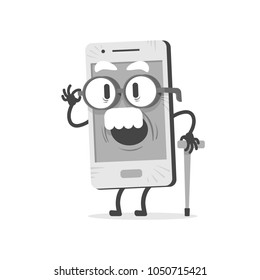 Old Mobile with white mustache and wrinkles. Round glasses and support cane in his hand.  Flat design, vector illustration.