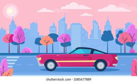 Old model pink car on the road city park background