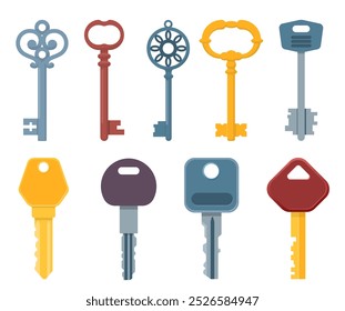 Old and modern keys. Metal door unlocking elements. Different carving types. Simple or vintage shapes. House protection passkeys. Safety locks objects. Vector isolated