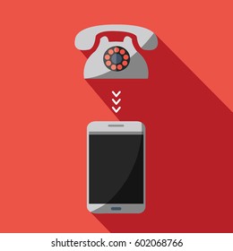 old modern style telephone  & new cell phone mobile vector. Evolution & Comparison concept between then and now illustration. Past present and future a flat design