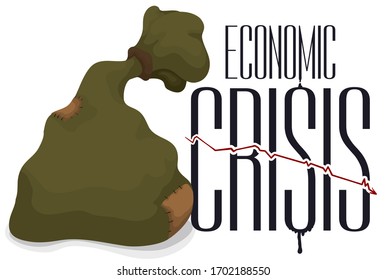 Old money bag with patches and sign with falling arrow graph, announcing the economic crisis.