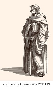 An old monk in a dark cassock with a book bible in hand. Medieval engraving.