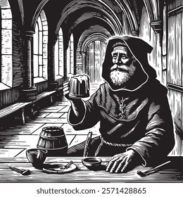 An old monk holding a mug of beer. A long-bearded monk in a hooded cloak holds a mug of beer. A medieval monk or hermit, alone at a table in a dimly lit room.