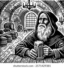 An old monk holding a mug of beer. A long-bearded monk in a hooded cloak holds a mug of beer. A medieval monk or hermit, alone at a table in a dimly lit room.