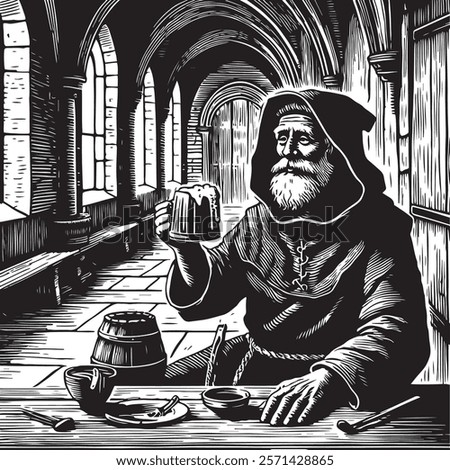 An old monk holding a mug of beer. A long-bearded monk in a hooded cloak holds a mug of beer. A medieval monk or hermit, alone at a table in a dimly lit room.