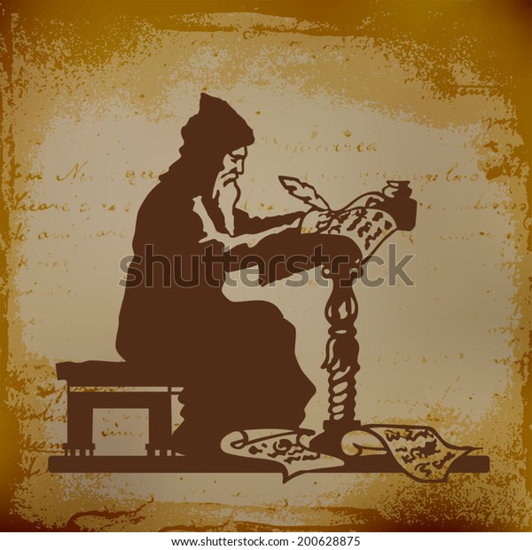 Old monk writing a chronicle of contemporary\
events vector illustration