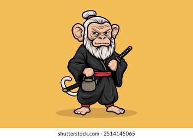 Alter Affe Samurai mit Katana Cartoon Charakter Maskottchen