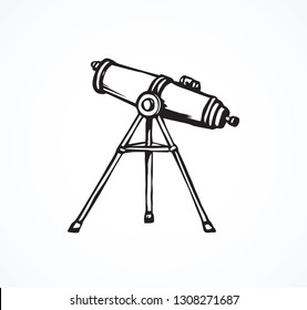 Old monocular spotting tube device on white sky backdrop. Freehand outline black ink hand drawn flat logo learn eyepiece emblem pictogram sketchy in retro art doodle style on paper place for text