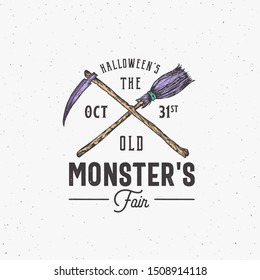 Old Monsters Fair Vintage Style Halloween Logo or Label Template. Colored Hand Drawn Crossed Scythe and Broom Sketch Symbols with Retro Typography. Shabby Texture Background. Isolated.