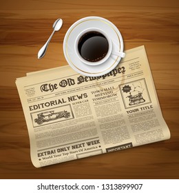 Old morning newspaper with cup of black coffee classic ritual realistic top view vintage image vector illustration 