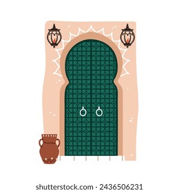 Old Moroccan arched door design. Ancient doorway, closed arc gates, Morocco architecture. Vintage Marrakech, Medina entrance with doorknobs. Flat vector illustration isolated on white background