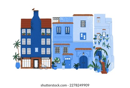 Old Morocco house. Blue Medina architecture. Moroccan exterior, traditional facade. Cozy Arabic Chefchaouen, Maroc home building. Flat vector illustration isolated on white background