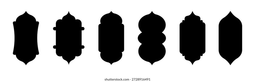 Old mosque traditional Islamic window shapes in oriental style. Black arabic door frame silhouette vector set, moroccan gates architecture design elements. Vector illustration.