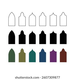 Old mosque windows shape in oriental style. Ramadan kareem gate. Islamic door set, flat arabic frames or arabian arches silhouette – Muslim architecture geometric design element, minimal morocco arcs
