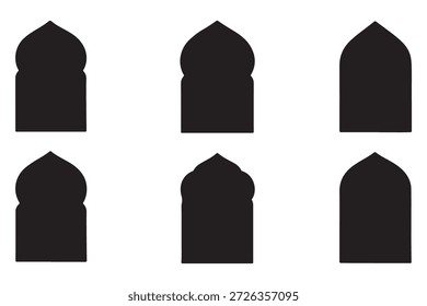 Alte Moschee Fenster Form im orientalischen Stil. Islamische Türsatz, flache arabische Rahmen oder arabischen Bögen Silhouette. Muslimische Architektur geometrische Design-Elemente, marokkanischen minimalen Bögen. Ramadan-Kareem-Tor