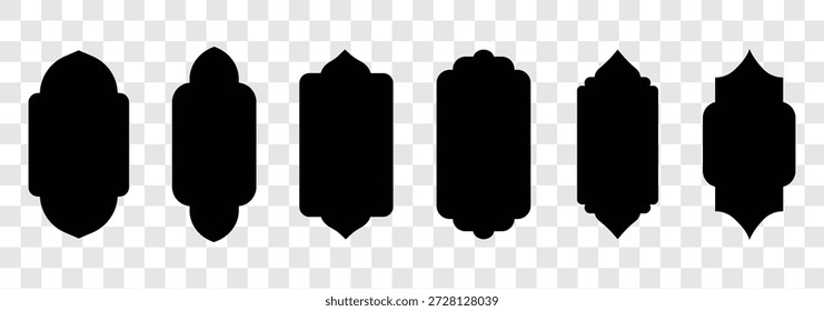 Alte Moschee Fenster Form im orientalischen Stil. Islamische Türsatz, flache arabische Rahmen oder arabischen Bögen Silhouette. Muslimische Architektur geometrische Design. Kollektion von schwarzen Silhouette islamic Bogen Formen 