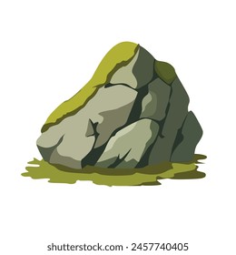 Old mossy rock or boulder vector illustration, ancient stone with swamp moss, jungle mountains concept