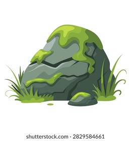 Old mossy rock or boulder vector illustration with ancient stone swamp moss and jungle mountains concept for natural scenery themes