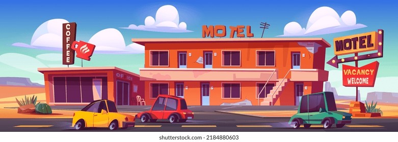 Old motel with cafe and parking in desert. Vector cartoon illustration of desert landscape with small hotel building with staircase, diner, billboard and road with cars