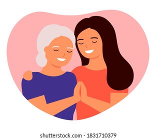 Old mother and adult daughter are hugging. Family love, taking care of grandmother. Mother s day concept. Family understanding, consent, support. Vector flat illustration