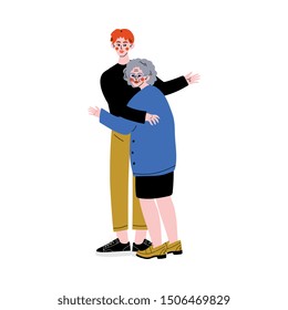 Old Mother with Adult Son, Elderly Woman Hugging Young Man, Happy Family Concept Vector Illustration