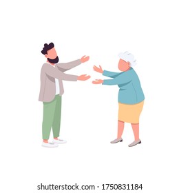 Old mother with adult son flat color vector faceless characters. Grandmother with grandson. Relatives want to hug. Happy family isolated cartoon illustration for web graphic design and animation