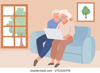 old mother and old father video calling with laptop at home, flat style illustration