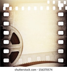 Old Motion Picture Film Reel With Film Strip. Vintage Vector Background