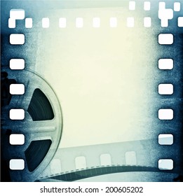 Old motion picture film reel with film strip. Vintage vector background