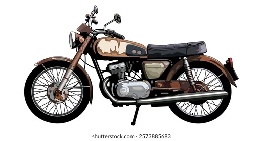 Old motorcycle, broken motorbike vector illustration. Isolated on white background.