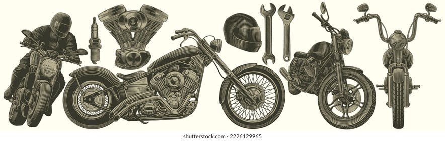 Viejas motocicletas. Conjunto de diseño. Ilustración editable dibujada a mano. Grabado vectorial vintage. 8 EPS