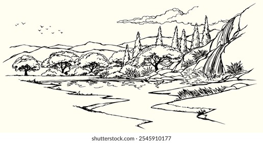 Old mount black ink pen outline hand drawn oak fall hill dale slope road path way scene picture retro art style. Artist pencil line even sand brook shore beach reed sun cloud view text space artwork