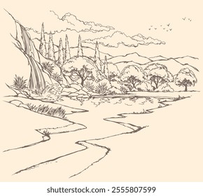 Old mount black ink pen outline hand drawn oak fall hill dale slope road path way scene picture retro art style. Artist pencil line even sand brook shore beach reed sun cloud view text space artwork