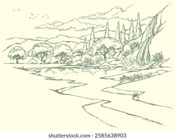 Old mount black ink pen outline hand drawn oak fall hill dale slope road path way scene picture retro art style. Artist pencil line even sand brook shore beach reed sun cloud view text space artwork