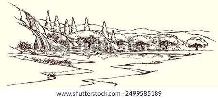 Old mount black ink pen outline hand drawn oak fall hill dale slope road path way scene picture retro art style. Artist pencil line even sand brook shore beach reed sun cloud view text space artwork