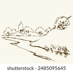 Old mount outline dark black ink pen hand drawn fall dale slope travel road path way oak shrub scene picture retro art paper style. Artist pencil line even shore beach reed text space artwork backdrop