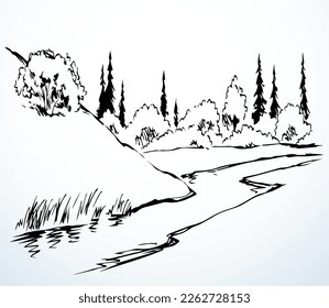 Old mount outline dark black ink pen hand drawn fall dale slope travel even road path way oak shrub scene picture retro art paper style Artist pencil line shore beach reed text space artwork backdrop