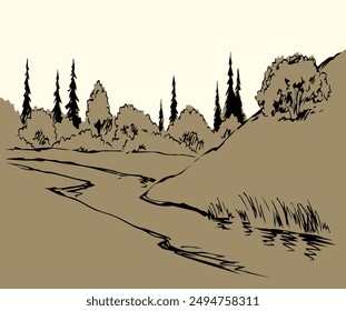 Old mount outline dark black ink pen hand drawn fall dale slope travel road path way oak shrub scene picture retro art paper style. Artist pencil line even shore beach reed text space artwork backdrop