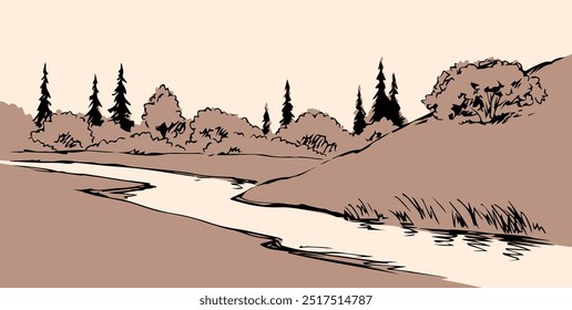 Old mount outline dark black ink pen hand drawn fall dale slope travel road path way oak shrub scene picture retro art paper style. Artist pencil line even shore beach reed text space artwork backdrop