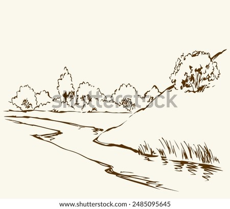 Old mount outline dark black ink pen hand drawn fall dale slope travel road path way oak shrub scene picture retro art paper style. Artist pencil line even shore beach reed text space artwork backdrop