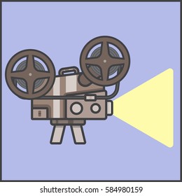 old movie camera, old movies, movie theater, vector image, flat design, outline style