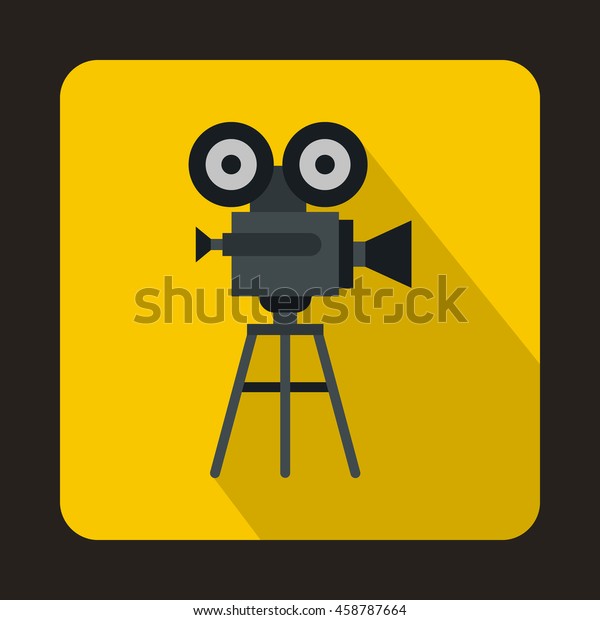 Old movie camera with reel icon in flat style\
on a yellow background