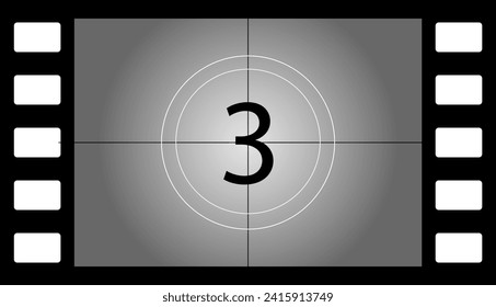 Old movie countdown. Flat, gray, number 3, retro film strip, old film countdown, cinematography design. Vector illustration