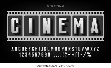 Old movie font or retro cinema type of film poster typeface, vector vintage English alphabet. Hollywood movie font or cinema theater noir screen typography letters with black shadows in filmstrip