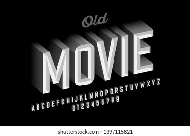 Old movie style vintage font design, retro style alphabet letters and numbers vector illustration