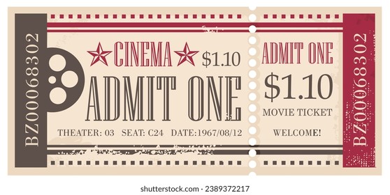 Old movie ticket design idea on vintage damaged paper background. Vector illustration of retro cinema ticket.
