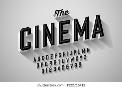 Old movie title vintage font design, retro style alphabet letters and numbers vector illustration