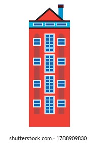Old multi storey house in amsterdam or vintage european architecture isolated on white background for design. Flat vector stock illustration with high rise building or retro building